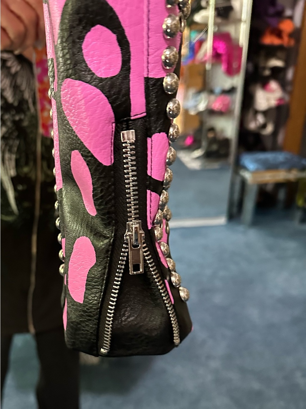 Azela Wang Studded Pink & Black Leather Motorcycle Jacket - Women S - Picture 4 of 13